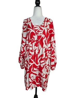 Lindex Abstract print Red & White Floral Long Sleeve Shift Dress